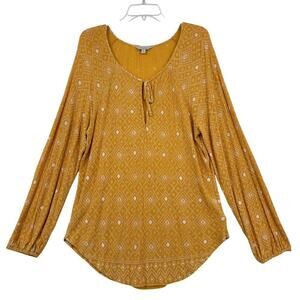 Lucky Brand Peasant Bouse Size M Golden Yellow‎ Print Peasant Tied Deep V Neck